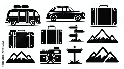 Black and white vector icons of travel essentials including van car suitcases camera mountains and signs for adventure