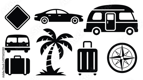 Black and white vector illustration bundle featuring travel icons including a palm tree suitcase compass and vehicles