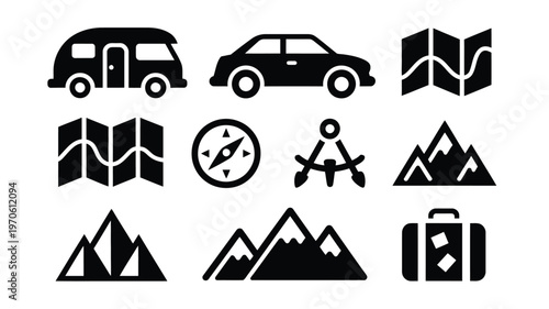 Minimalist vector icons of travel and adventure elements including cars mountains maps compass and suitcase for exploration themes