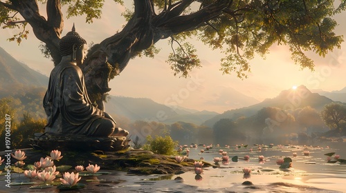 A peaceful statue of Lord Buddha meditating under a tree 