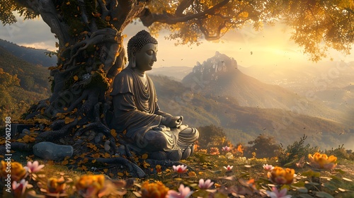 A peaceful statue of Lord Buddha meditating under a tree 