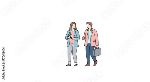 A man and a woman dressed in business casual clothes are walking and talking while one holds a coffee cup and the other a briefcase.