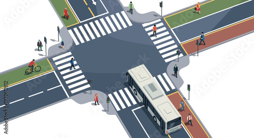 Isometric Urban Intersection with Bus Pedestrians and Bike Lane