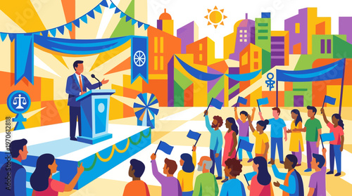 Politician giving speech to diverse crowd in vibrant city square