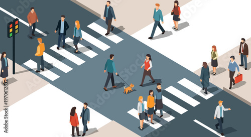 Isometric Pedestrians Crossing City Street Vector Illustration