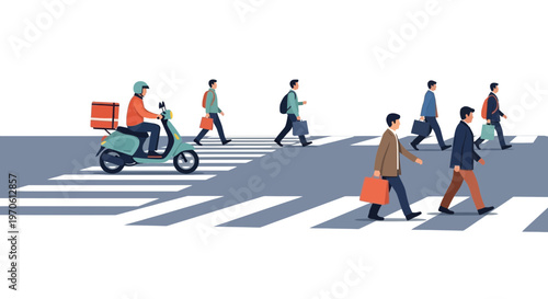 Urban Street Scene with Pedestrians and Delivery Motor Scooter