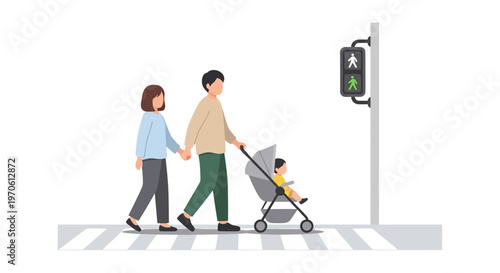 Family with Baby Stroller Crossing Street at Pedestrian Signal