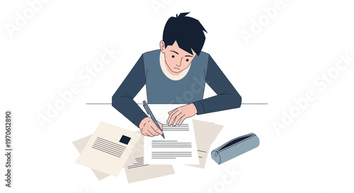 Young Student Writing at a Desk Flat Vector Illustration