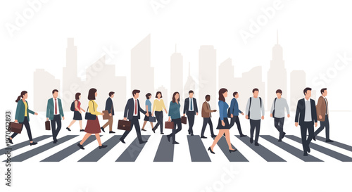 Business people walking across city street crosswalk illustration