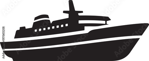 Black silhouette of a large ship on a white background