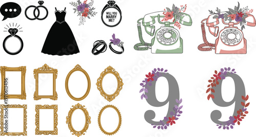 Vintage Wedding Elements and Decorative Frames Vector Set with Floral Telephones, Engagement Ring, Bridal Dress, Ornamental Frames and Number Nine Illustration