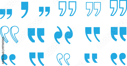 Set of quote mark, quotes icon, sign, symbol, emblem. Ditto marks icon set. Quotation marks. Dialogue discussion symbol for UI UX, website, mobile