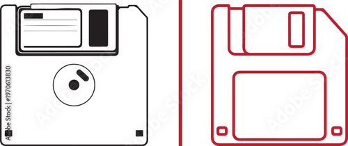 Vector comparison of two floppy disk icons: one detailed black-and-white technical drawing and one stylized red outline version, representing retro data storage and save symbols.
