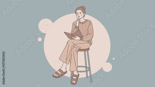 Thoughtful woman reading a book while sitting on a stool, minimalist illustration