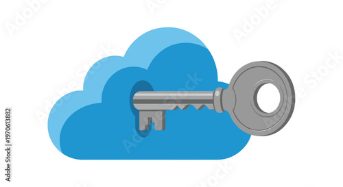 This vector illustration shows a silver key inserted into a keyhole located in the middle of a stylized blue cloud icon.