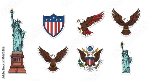 USA Patriotic Symbols Sticker Set with Statue of Liberty and Bald Eagle