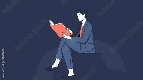 Person in Suit Reading Book Sitting on Abstract Geometric Shape, Minimalist Illustration