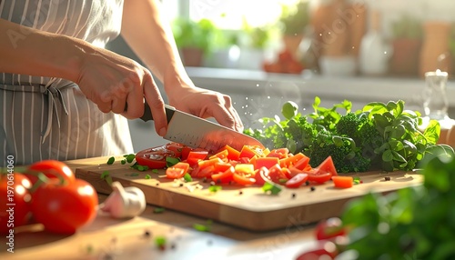 Close-up of person's hands skillfully cutting fresh organic vegetables on a rustic wooden cutting board. This high-quality image captures a warm, domestic kitchen atmosphere 