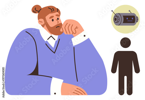 Artificial intelligence, decision-making, technology, ethics, human-robot interaction, future innovation. A man contemplating with robot and human figures nearby. Artificial intelligence