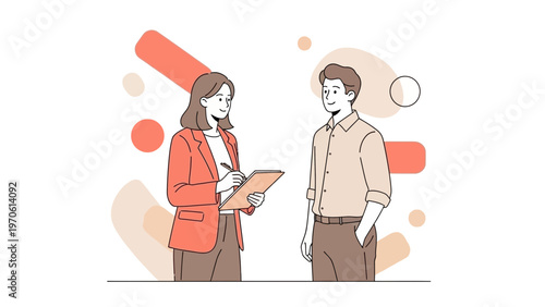 Business meeting: woman interviewer taking notes, man interviewee with hands in pockets