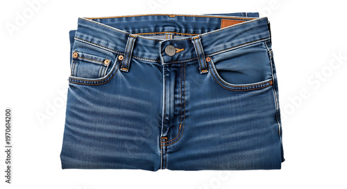 Folded blue denim jeans isolated on transparent background for apparel design