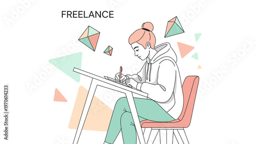 Freelance artist drawing at desk, creative geometric shapes floating around