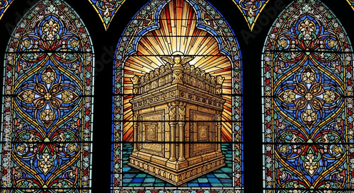 Stained glass window depicting the Ark of the Covenant in a church