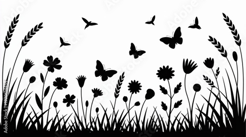 Black silhouette floral landscape, grass and wildflowers, butterflies and birds flying, nature scene vector