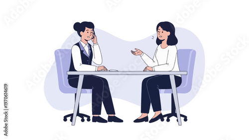 Two women in business attire discussing at a table, one on the phone, stressed.