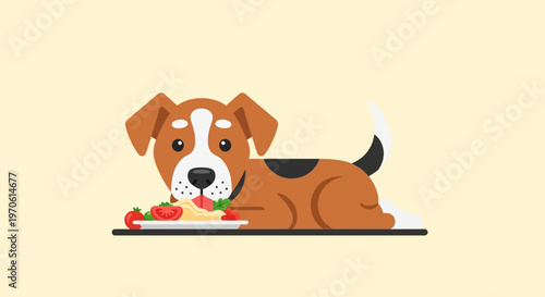 Cute cartoon dog eating spaghetti with tomatoes on a plate