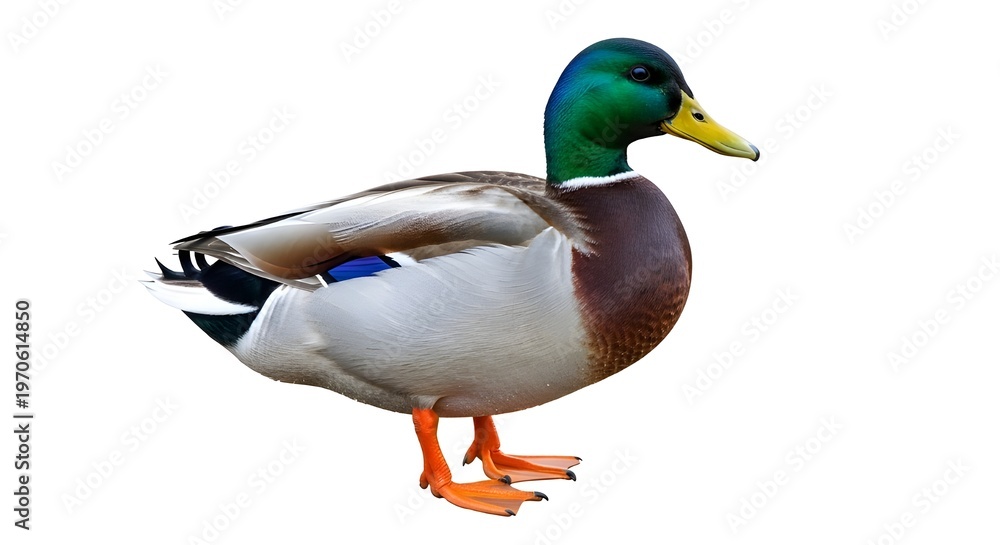 Fototapeta premium A mallard duck standing with vibrant green head and orange feet
