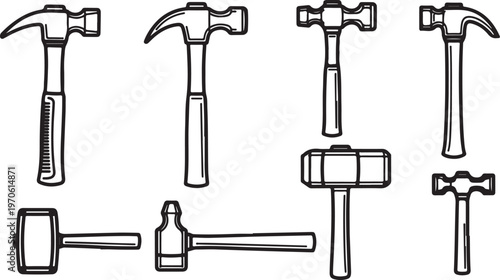 Collection of various hammers and mallets for construction and DIY projects