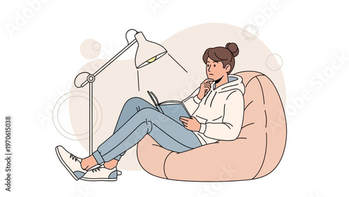 Young woman reading a book in a beanbag chair under a desk lamp