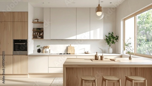 A serene Japandi kitchen interior featuring a smooth wooden countertop and minimal decor. The space is bathed in soft natural light