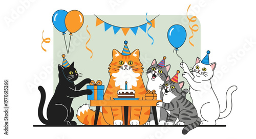 Happy Birthday Cats Party Celebration with Cake and Balloons