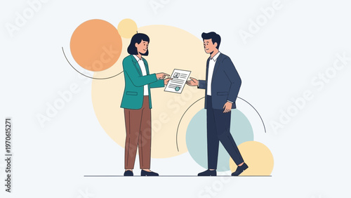 Business meeting: woman giving document to man, abstract circles background