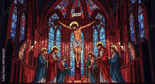 Crucifixion of Jesus Christ stained glass window in church