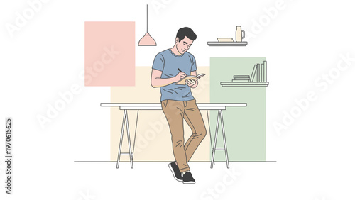 Man writing on notepad at desk in minimalist home office, creative workspace