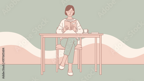 Woman Reading Book at Desk with Coffee, Calm Lifestyle Illustration