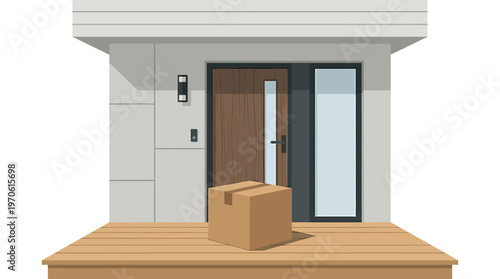 Cardboard delivery box on modern house front porch