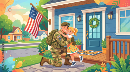 Military Father Homecoming Reunion with Daughter at Home Illustration