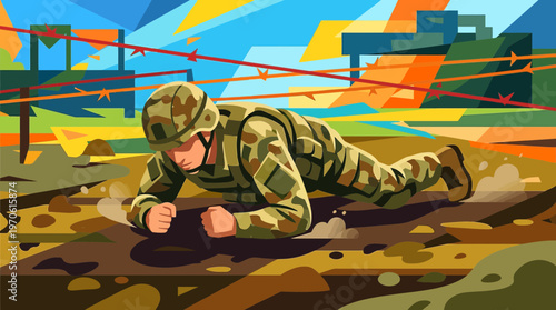 Soldier Crawling Under Barbed Wire in Obstacle Course Illustration