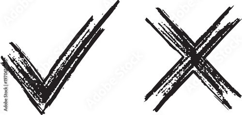 Check tick mark icon set. Cross box x check mark checkbox v list vector draw hand drawn sketch doodle brush marker checklist symbol wrong right circle. Vector Illustration.