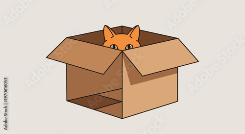 Curious orange cat peeking out of a cardboard box, playful surprise
