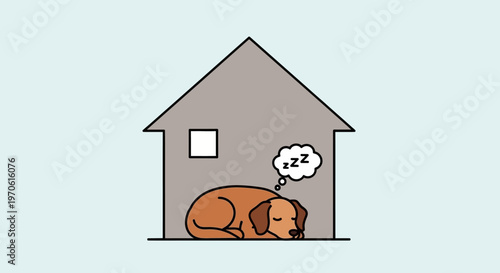 Cute brown dog sleeping soundly inside a simple house illustration