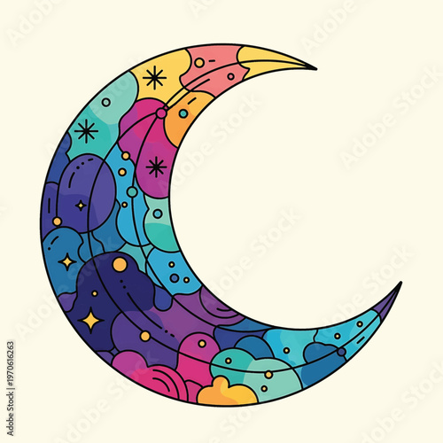 Colorful crescent moon with stars 20.