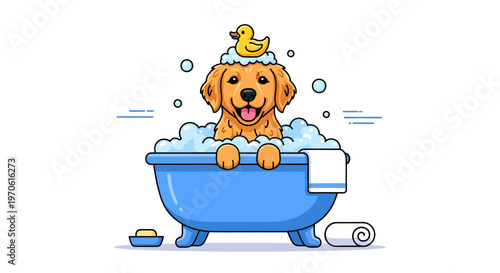 Adorable Golden Retriever Puppy in Blue Bathtub with Rubber Duck and Bubbles