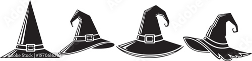 Collection of black witch hats in various styles and angles