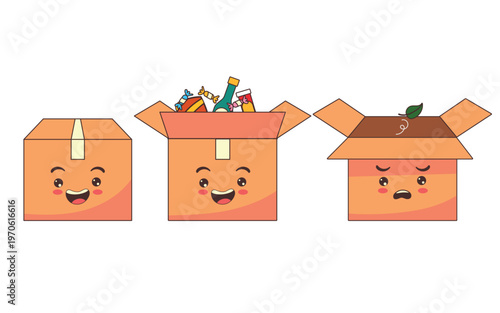 A set of cute cardboard box characters with expressive faces. Flat vector illustration featuring open, closed, and shipping parcels for logistics and unboxing concepts.