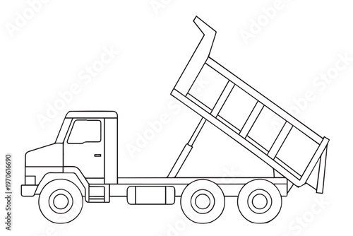 A vector illustration of a dump truck lifting its rear bed, designed to easily unload its contents, using clean lines to highlight functionality, strength, and industrial use.